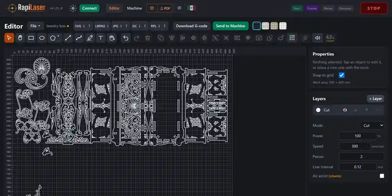 RapiLaser editor in English with the pieces of a wooden jewelry box, with fretwork and scrollwork, laid out on the 500 × 400 mm work area on a layer named Cut in Cut mode
