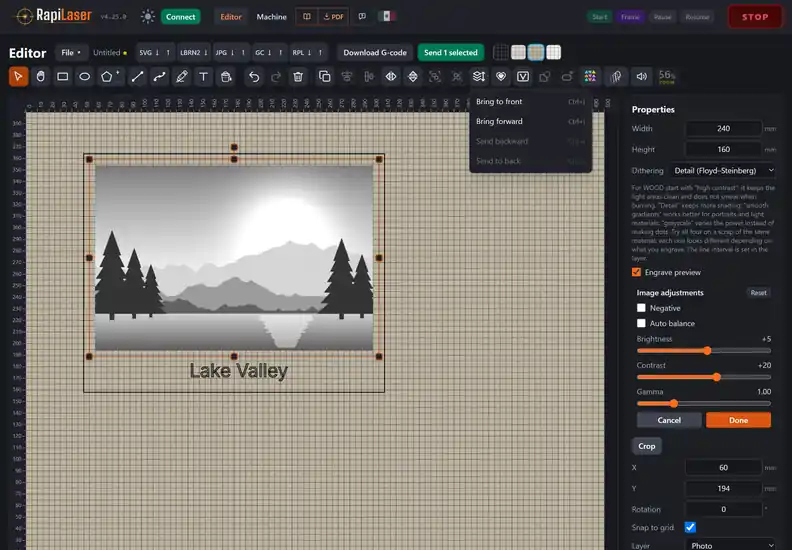 RapiLaser editor in English with a landscape image of mountains, a lake and pine trees shown with Engrave preview, inside a plaque with its cut outline and the title Lake Valley, the Image adjustments with Brightness, Contrast and Gamma, and the Arrange menu open
