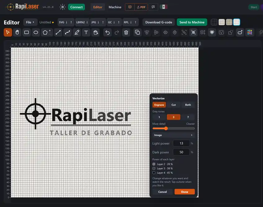 RapiLaser editor in English with an engraving shop logo turned into paths in three gray tones on the pearl white canvas, its tagline in medium gray, and the Vectorize window open with Engrave, Cut or Both, 1, 3 or 7 gray tones, and the light and dark power