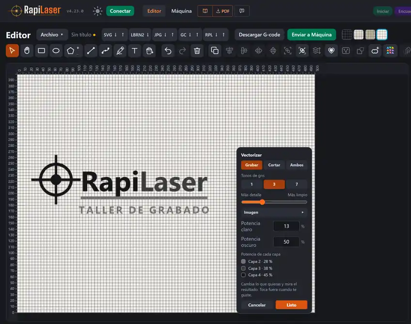 Editor de RapiLaser con el logotipo de un taller de grabado convertido en trazos de tres tonos de gris sobre el lienzo blanco aperlado, con el lema en gris medio, y la ventana Vectorizar abierta con Grabar, Cortar o Ambos, tonos de gris 1, 3 o 7 y las potencias del tono claro y del oscuro