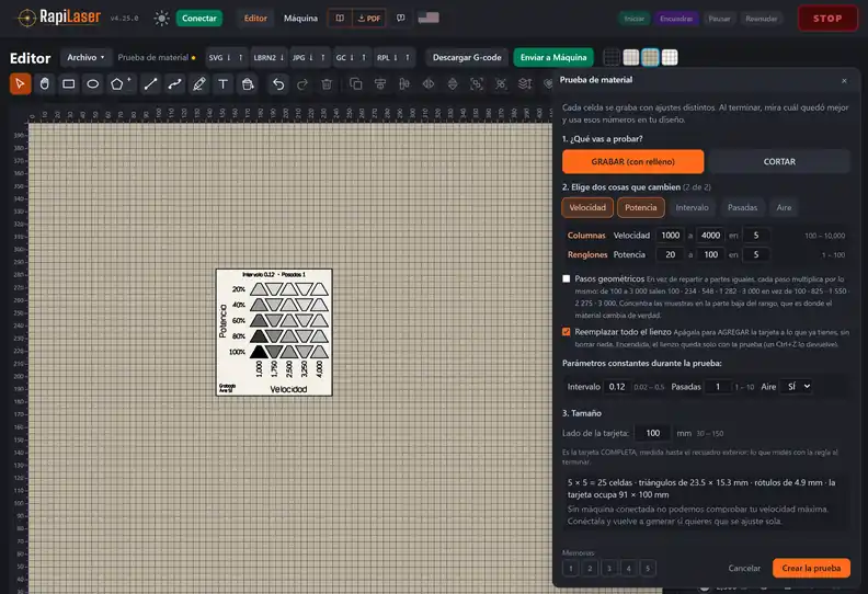 Prueba de material de RapiLaser: una tarjeta rotulada que combina cinco velocidades y cinco potencias, junto a la ventana para elegir qué cambia